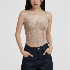 Lace Panel Boned Spaghetti Strap Crop Top