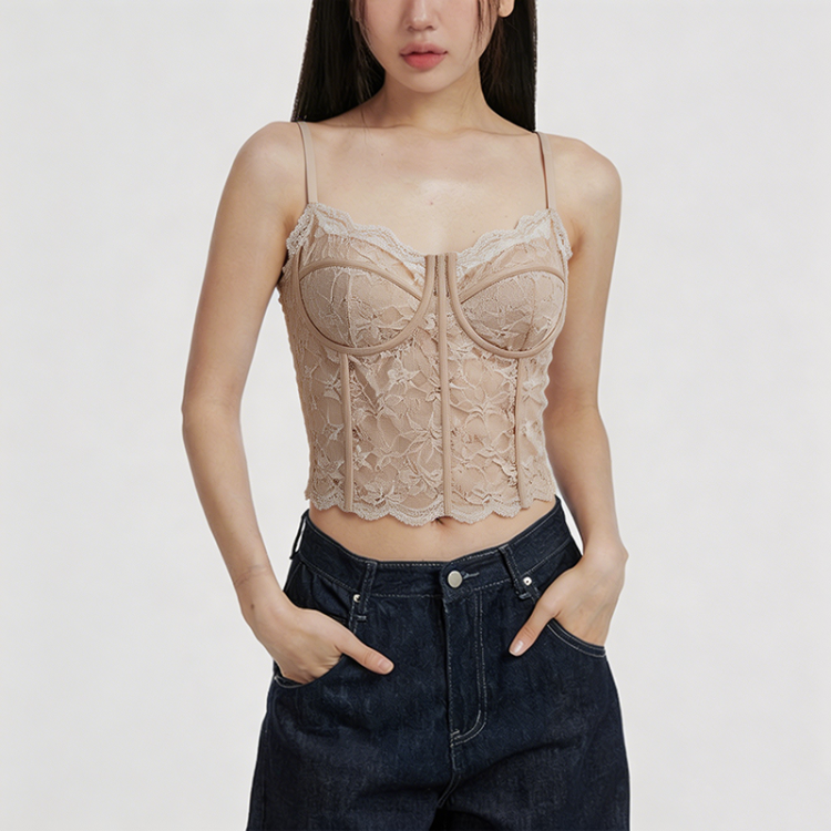 Lace Panel Boned Spaghetti Strap Crop Top