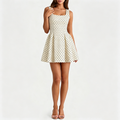 White Polka Dot Waist‑Fitted Spaghetti Strap Dress