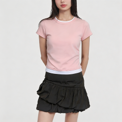 ound Neck Color‑Block Short Sleeve Fitted Layered‑Look Top