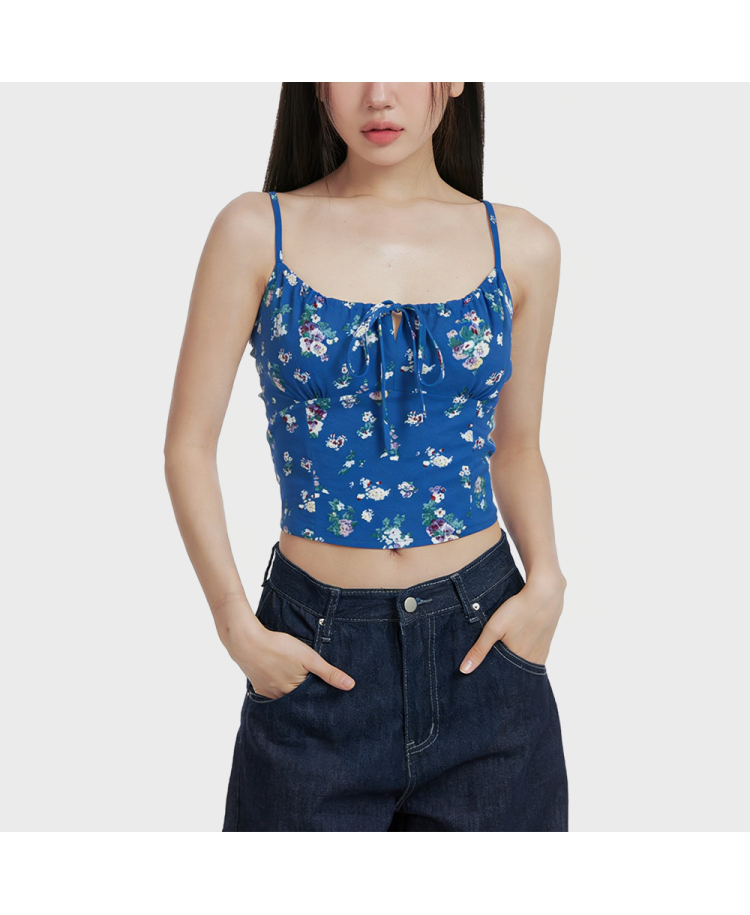 Blue Floral Print Tie-Neck Tank Top
