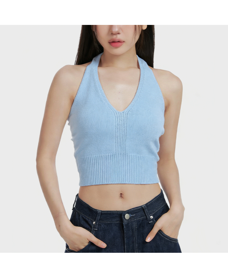 Blue Halter Neck Knit Vest