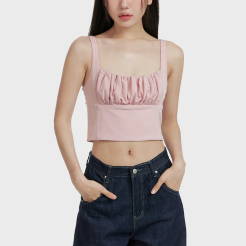 Pleated Square Neck Solid Color Camisole