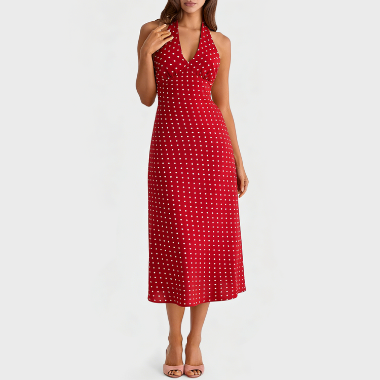 Red Polka Dot Halter Neck Dress