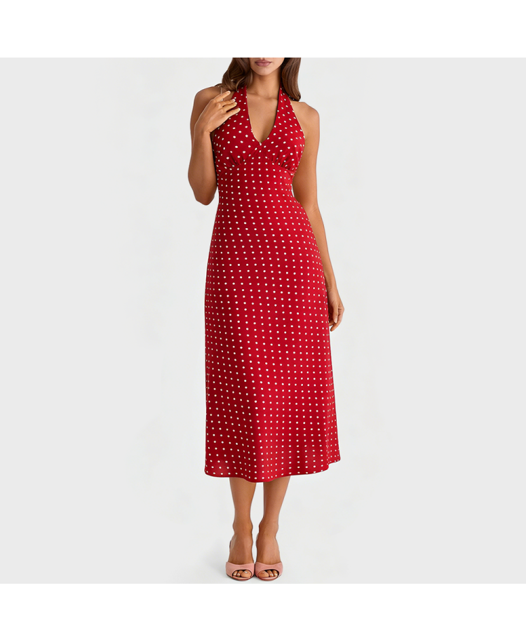 Red Polka Dot Halter Neck Dress