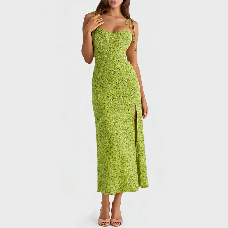 Green Floral Print Slit Dress
