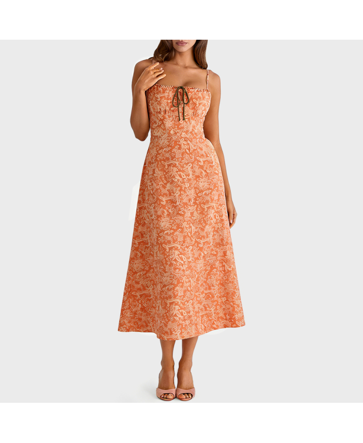 Drawstring Print Spaghetti Strap Maxi Dress