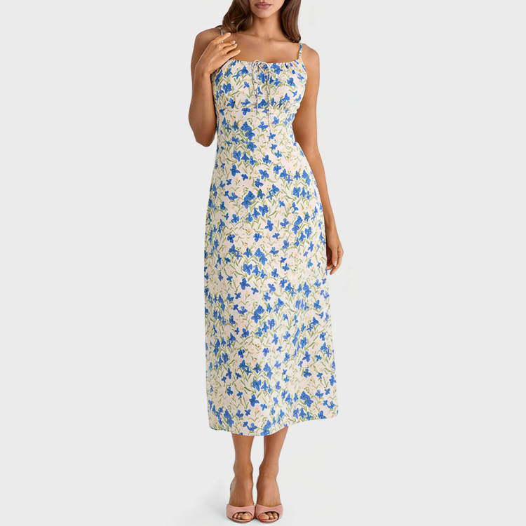 Blue Floral Drawstring Dress