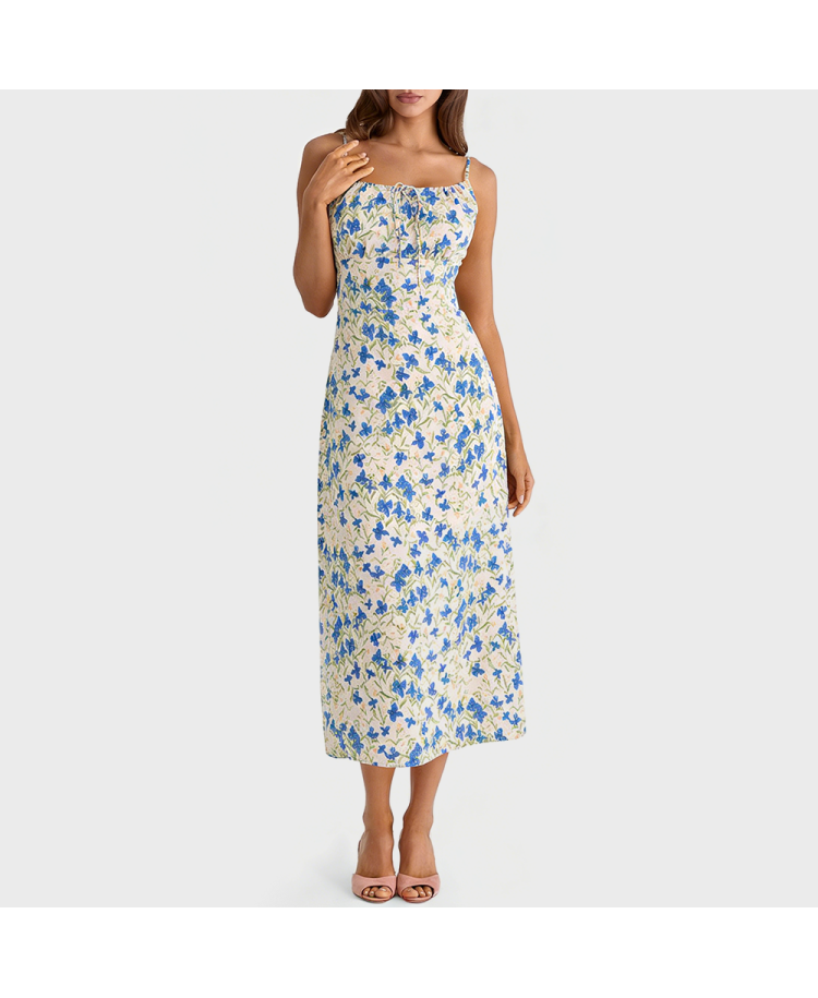 Blue Floral Drawstring Dress
