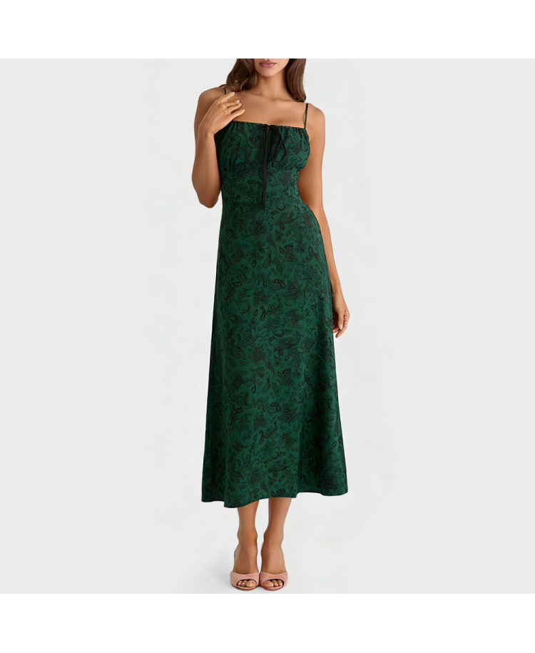 Dark Green Floral Print Slip Dress
