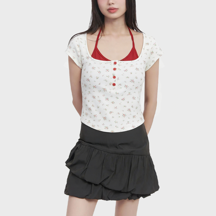 Floral Print Halter Neck Short-Sleeve Top