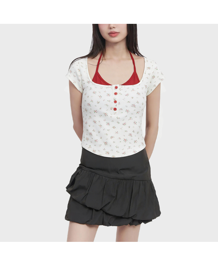 Floral Print Halter Neck Short-Sleeve Top