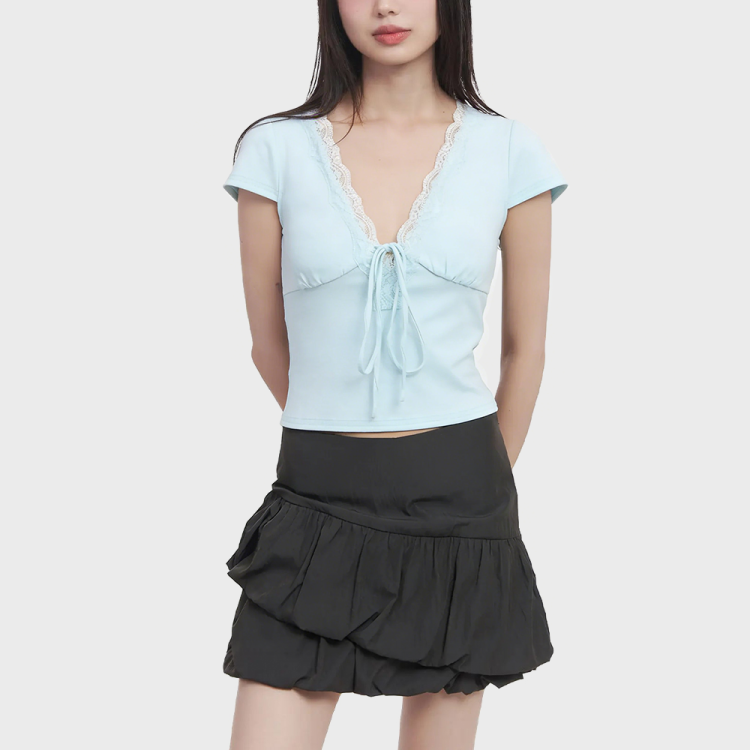 Lace Deep V-Neck Short-Sleeve Top