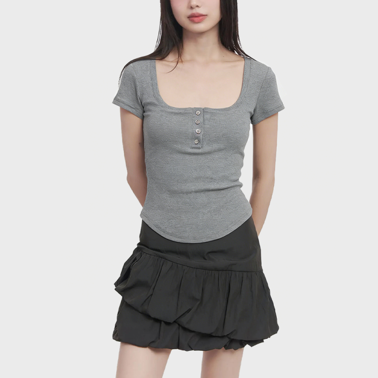 Square Neck Button-Up Short-Sleeve Top