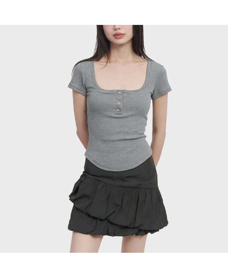 Square Neck Button-Up Short-Sleeve Top