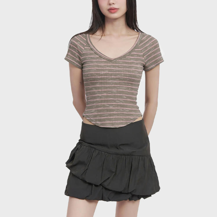 Retro Striped V-Neck Short-Sleeve Top