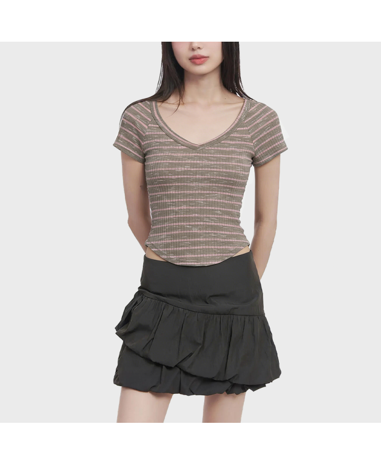 Retro Striped V-Neck Short-Sleeve Top