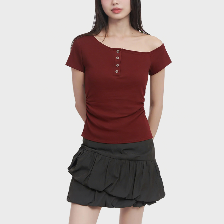 Red One-Shoulder Short-Sleeve Top