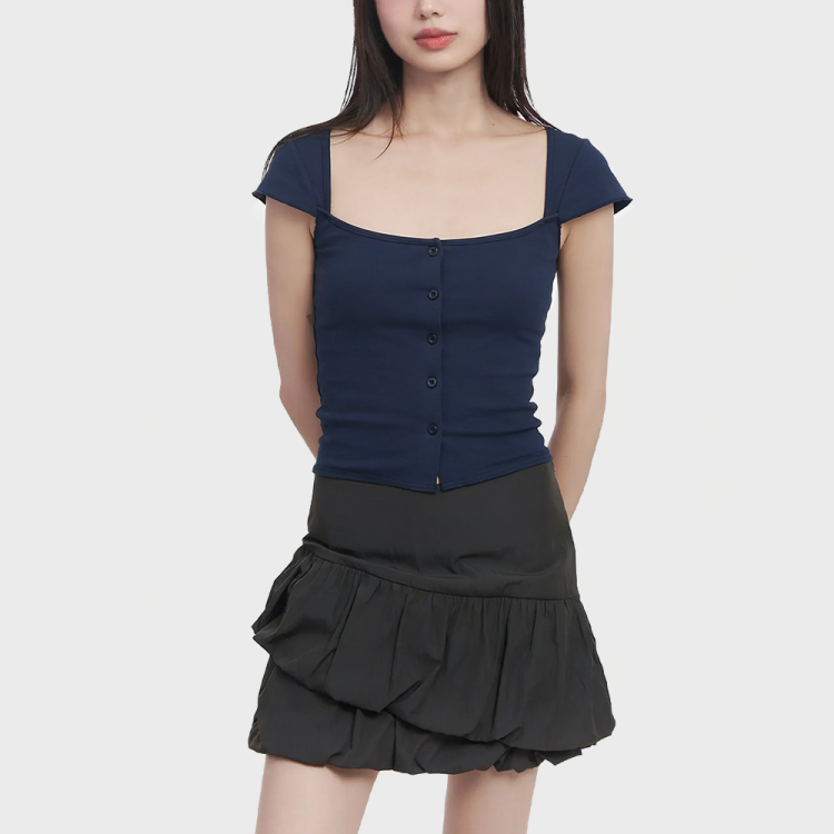 Square Neck Single-Breasted Short-Sleeve Top
