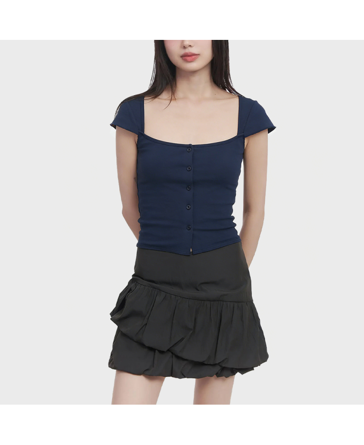 Square Neck Single-Breasted Short-Sleeve Top