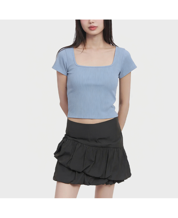 Square Neck Elastic Solid Color Short-Sleeve T-Shirt