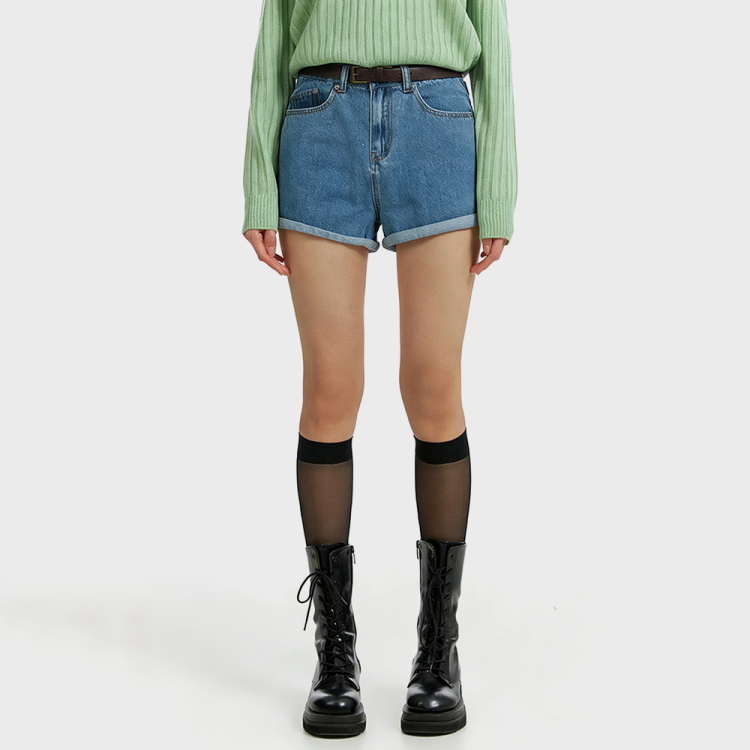 High-Waisted A-Line Rolled-Up Denim Shorts