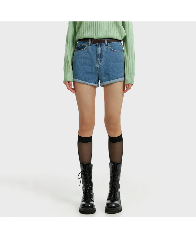 High-Waisted A-Line Rolled-Up Denim Shorts