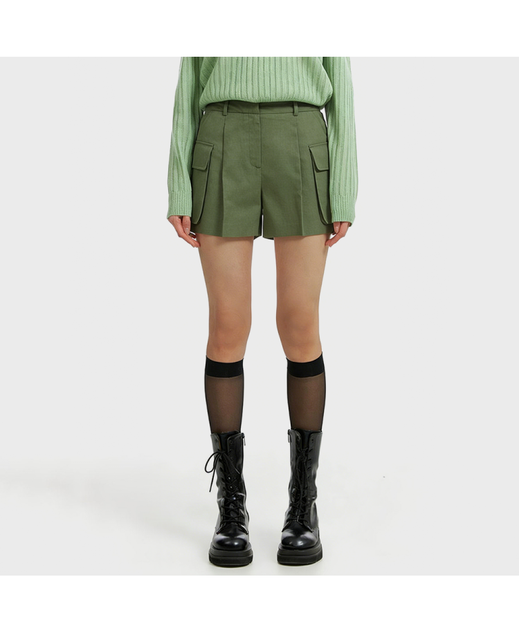 Retro Green Linen-Blend High-Waisted A-Line Wide-Leg Shorts