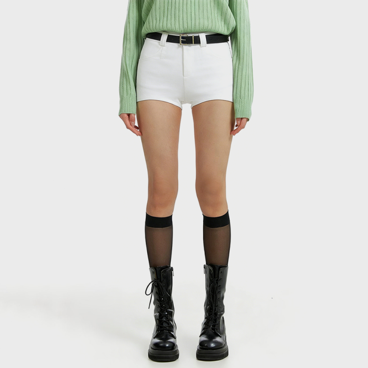 High Waist Slim Fit White Casual Pants with Belt